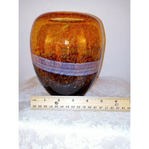 Decorative Speckled Brown, Yellow & Orange with White Band Vase 7" - Picture 4 of 5
